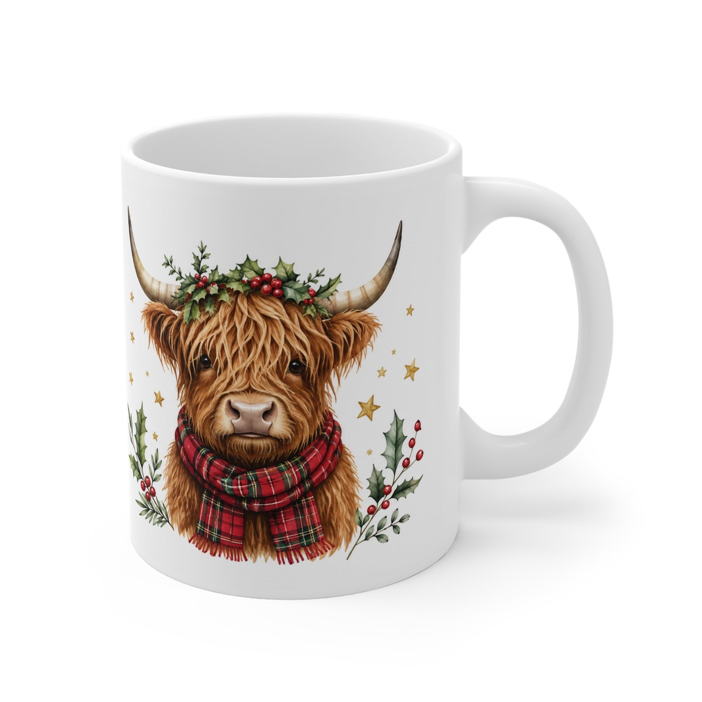 Highland Cow Holiday Mug — Festive Plaid Scarf Christmas Coffee Cup