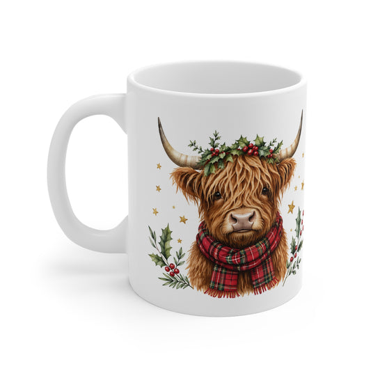 Highland Cow Holiday Mug — Festive Plaid Scarf Christmas Coffee Cup
