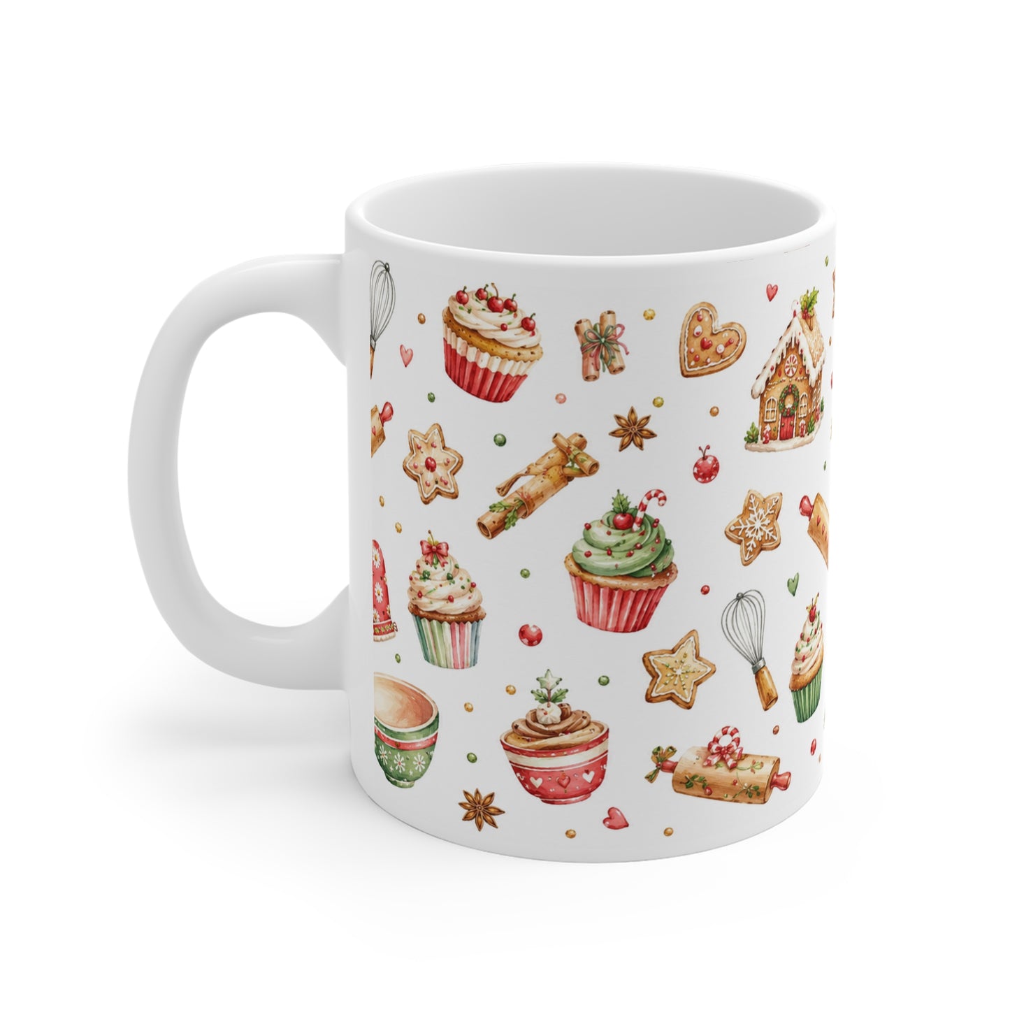 Christmas Baking Mug — Festive Gingerbread & Cupcake Pattern 11oz