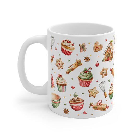 Christmas Baking Mug — Festive Gingerbread & Cupcake Pattern 11oz