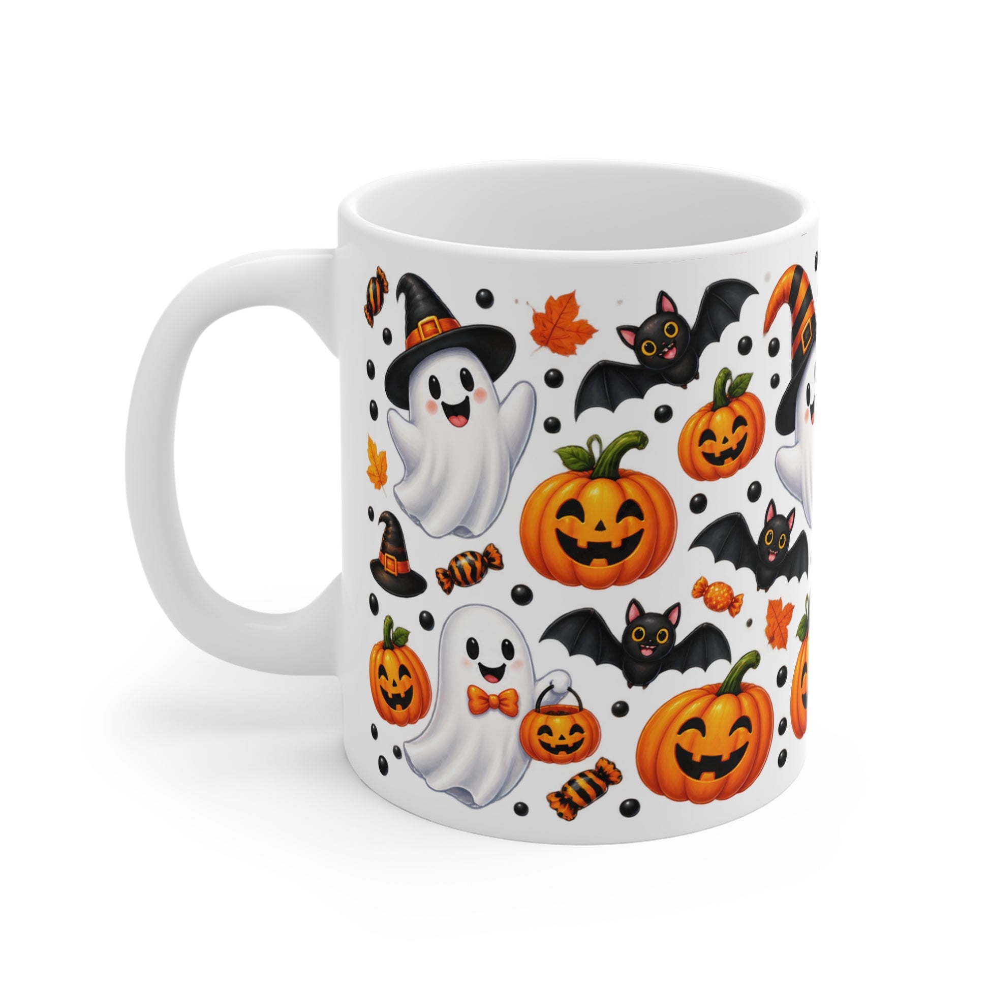 A white ceramic mug decorated with a Halloween pattern featuring orange pumpkins, white ghosts, black bats, and small black polka dots on a white background.
