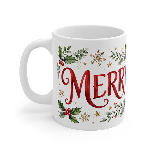 Merry & Bright Christmas Mug – Holiday Holly  Cup