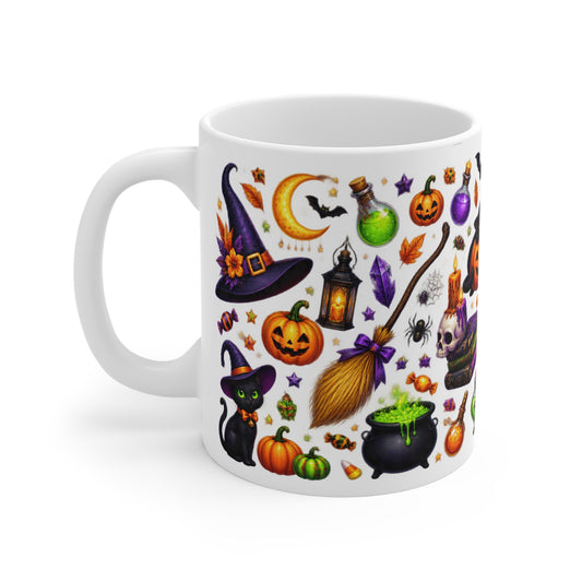 A white ceramic mug with a colorful Halloween-themed illustration pattern featuring pumpkins, a witch hat, a broomstick, a cauldron, and other spooky motifs, shown on a clean white background.