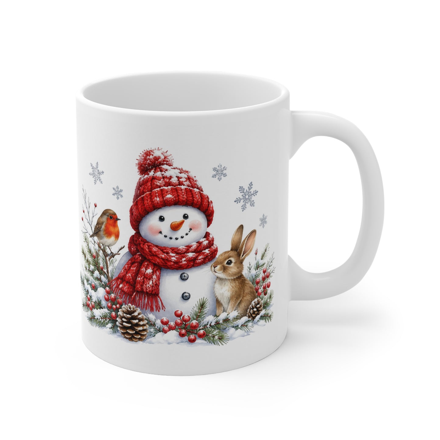 Winter Snowman Mug — Cute Snowman, Bunny & Robin Holiday Coffee Cup