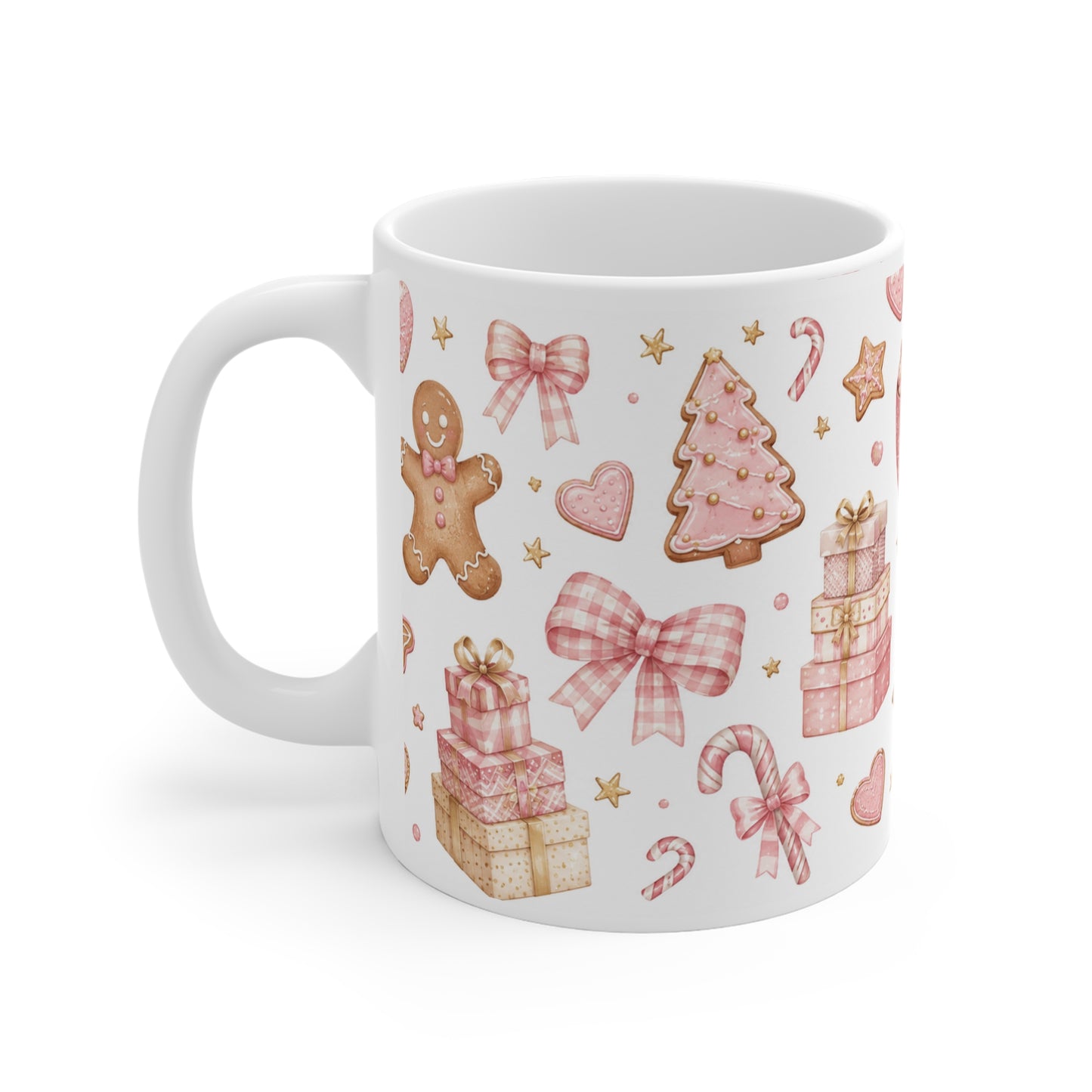 Pink Christmas Mug — Gingerbread, Candy Canes & Holiday Gifts Pattern