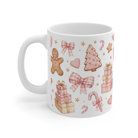 Pink Christmas Mug — Gingerbread, Candy Canes & Holiday Gifts Pattern