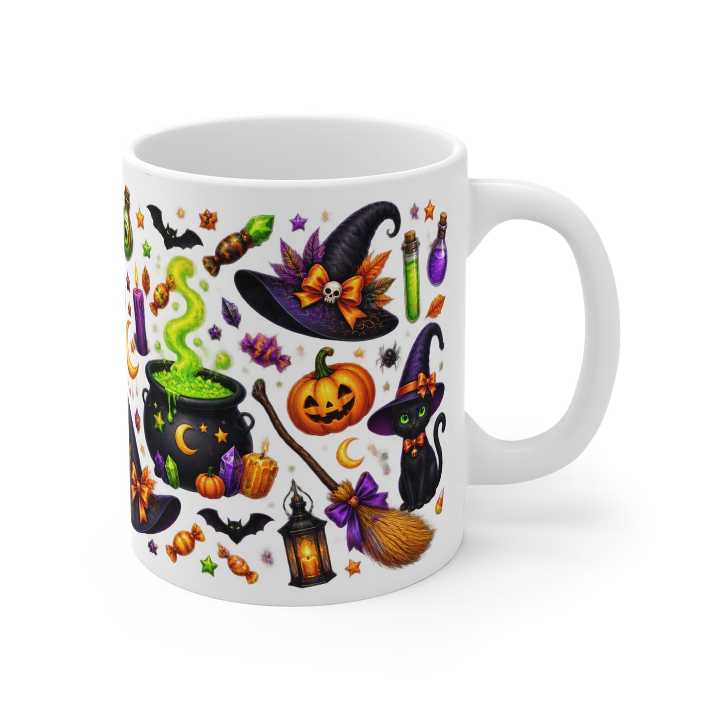 A white ceramic mug with a colorful Halloween-themed print featuring a witch's hat, cauldron, pumpkin, broom, cat, bats, and candy on a white background.
