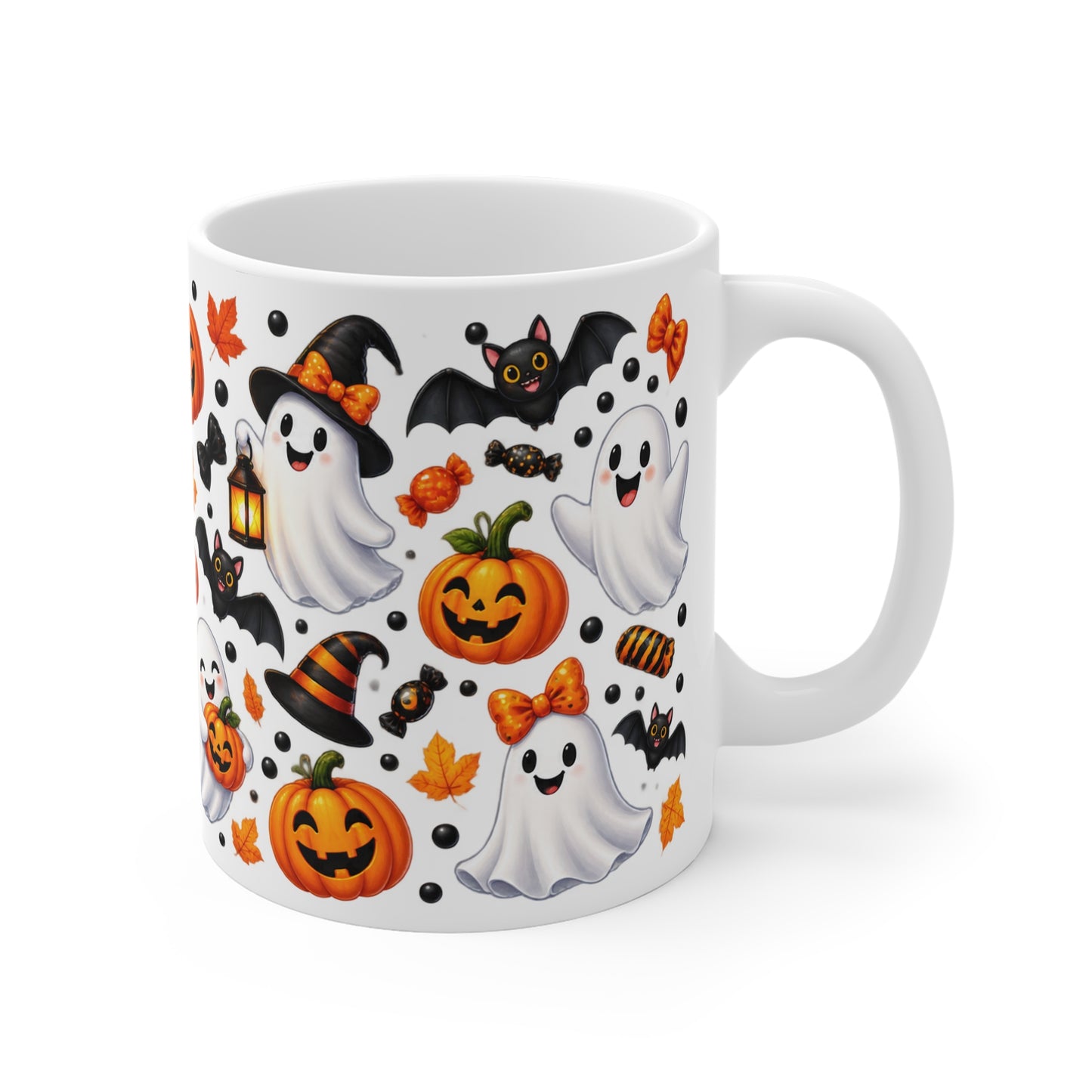A white ceramic mug with a colorful Halloween pattern featuring cartoon ghosts, pumpkins, bats, witch hats, and black polka dots on a white background.