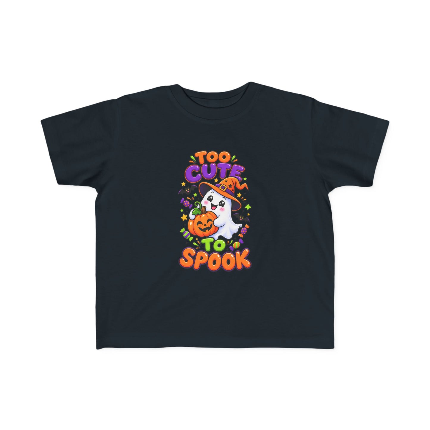 Toddler Tee — "Too Cute to Spook" Halloween Ghost & Pumpkin Shirt
