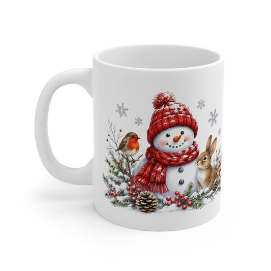 Winter Snowman Mug — Cute Snowman, Bunny & Robin Holiday Coffee Cup